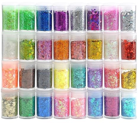 32 Stück Bastel Glitzerpulver Set Fein Glitzerpulver und Klobig Glitzer DIY Basteln Glitzers, Körper Nägel Glitzer für Epoxidharz Dekoration, Karten, Papier, Masquerade, Nagelkunst