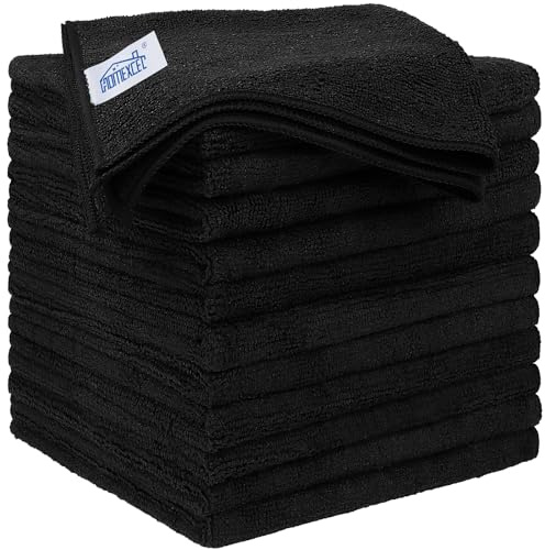 HOMEXCEL Schwarz Mikrofasertücher 12 Stück, Wiederverwendbare Küchen-Mikrofaser-Reinigungstücher, Lappen Putztücher Geschirrtücher, Fusselfreie Waschbare für Zuhause, Fenster, Auto 32 x 32 cm