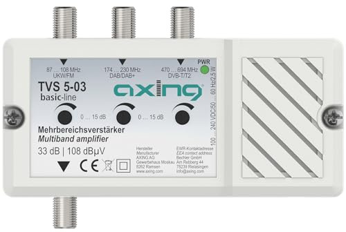 Axing TVS 5-03 Mehrbereichsverstärker 33 dB Antennenverstärker 3-Fach Radio TV FM DAB+ DVB-T2