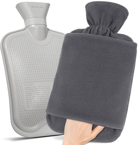 MUPAS Wärmflasche mit Vliesbezug –2L Große Auslaufsicher Bettflasche –Weicher Wärmflaschen mit Känguru Tasche –Hot Water Bag für Kinder & Erwachsene (Grau)