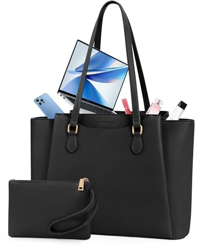 RAINSMORE Handtasche Damen 15,6 Zoll, Shopper Tasche Tote Bag Damen Groß mit Clutch, PU Leder Aktentasche Laptoptasche für Business, Schule, Arbeit, Schwarz