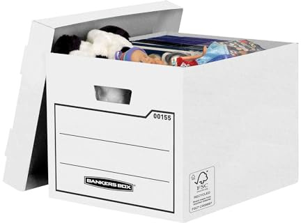 BANKERS BOX Aufbewahrungskarton mit Deckel aus stabiler B-Flute Wellpappe, braun, für Haushaltsgegenstände, Spielzeug, Dokumente, 100% recycelt und recycelbar, Farbe: weiß, Pack mit 10 Stück