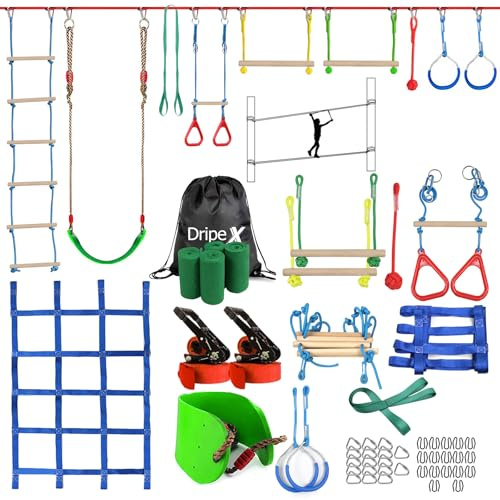 Dripex Slackline Kinder Ninja 2×20m für Jugendliche & Erwachsene im Freien | Schaukel, Kletterleiter, Kletternetz und Baumschutz, Geeignet für Anfänger, Ninja Parcours Kinder