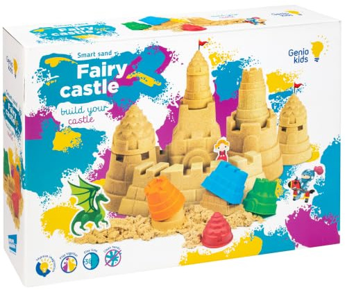 Genio Kids Magic Sand Castle Set - 1 kg Knetsand, 4 Sandknete Burgenförmchen Zubehör - Magischer Knete Sand Geschenke für Kinder, Mädchen und Jungen (classic)