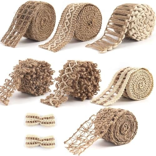VGOODALL 7 Rollen Juteband mit Spitze, Vintage Spitzenband Set für Hochzeit Deko, Naturband für Geschenkverpackung DIY Basteln, Boho Dekoband 2m pro Rolle