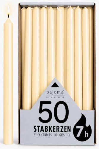 pajoma® Stabkerzen Elfenbein - 50 Stück | Höhe 25 cm, Ø 2 cm | Brenndauer ca. 7 Std. | Vielseitig als Tisch-, Deko-, Weihnachtskerze & für Gastro-Events