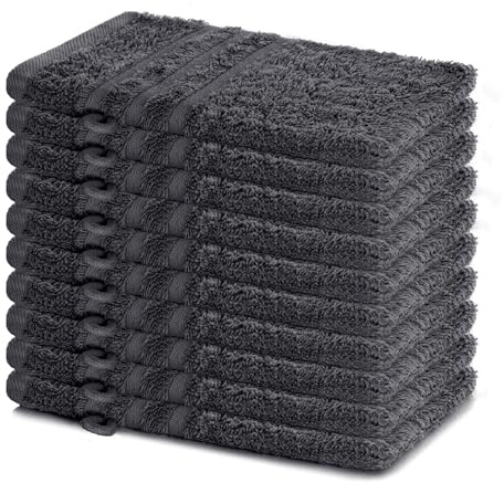 Lavea® 10er Waschhandschuh Set Elena, 10 Stück, 100% Baumwolle, Frottee, Waschlappen, saugstark, weich, für Körper und Gesicht, waschbar 60 °C, trocknergeeignet, Anthrazit, 15 x 21 cm