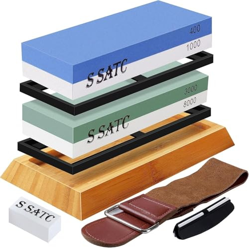 S SATC Schleifstein Set für Messer, Körnung 400/1000 3000/8000, Wetzstein Messerschärfer Set inkl. Schutzhandschuhen, Bambushalter, Winkelführung, Abziehleder und Abrichtstein