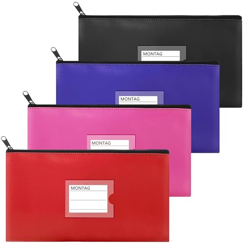4 Stück Geldtaschen Banktasche, Geldbeutel aus Kunstleder 27 x 15cm | Geldtasche mit Reißverschluss, Geld Tasche für A5 Dokumente, Geldmappe für Business, Haushalt, Schule