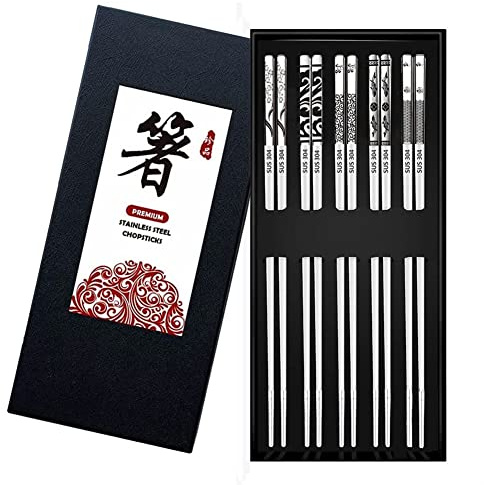 DONGDA Wiederverwendbare, spülmaschinenfeste Edelstahl-Essstäbchen, 5 Paar, chinesische und japanische Stäbchen, elegante Geschenkbox