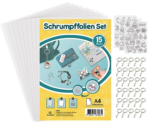 Sweelov 15 Blatt Schrumpffolien Set mit 30 STK Schlüsselanhänger A4 Schrumpfende Plastikfolie shrink plastic mit Motiven transparent Deko Folie für Handwerk,Geschenk zum Schulanfang