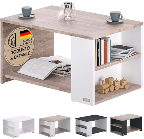 CASARIA Couchtisch mit Stauraum Weiß Eiche | 2 Ablagen, Wohnzimmertisch, 90x60x50 cm, Kratzfest, 50 kg Belastbar, Beistelltisch, Sofa, Möbel, Holz, Konsolentisch