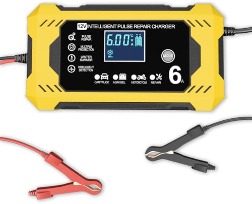 6A Ladegerät Autobatterie, KFZ Ladegerät 12v für Autobatterien Batterieladegerät Auto Batterien Ladegerät mit LCD-Bildschirm Batterie Ladegerät für Auto LKW Motorrad Rasenmäher Boot Marine（Gelb）