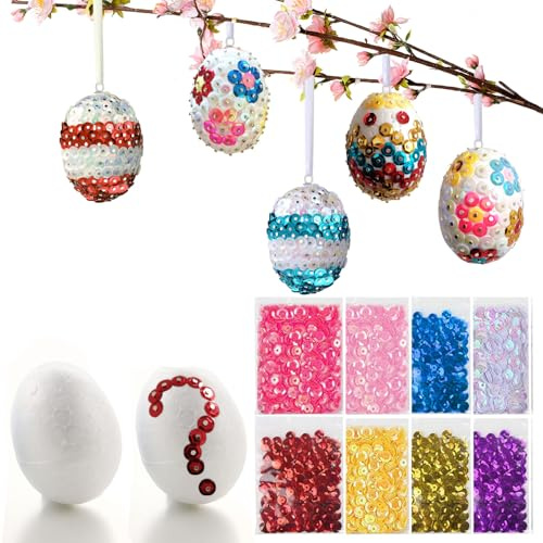 20 Ostereier aus Styropor Aufhängen DIY Pailletten-Eier, Ostern Basteln Set für Bemalen und Osterdeko | Deko Styroporeier weiß| bunten Pailetten Stecknadeln | Osterdekoration zum verzieren