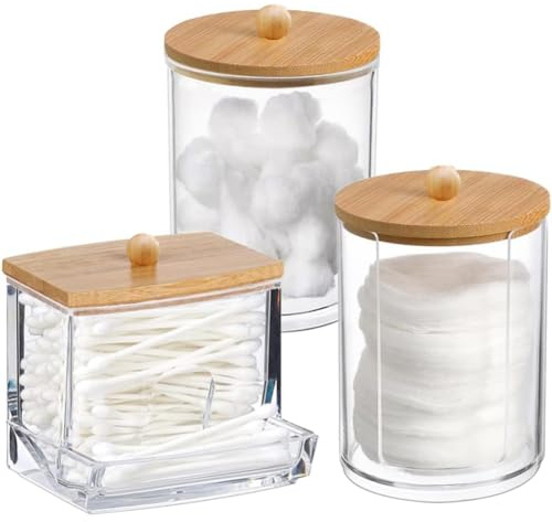 Wattepads Behälter Box, 3 Stück Wattestäbchen Halter mit Bambusdeckel Acryl | Acryl Qtip Halter, Wattestäbchen Aufbewahrung, Wattepadspender für Kosmetik, Wattebällchen, Wattestäbchen