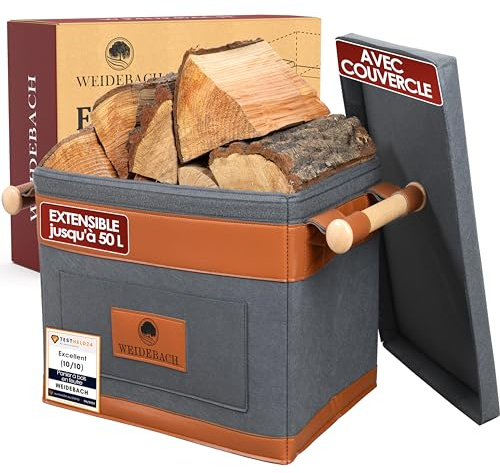 WEIDEBACH® Holzkorb für Kaminholz 35L (erweiterbar auf 50L), Kaminholzkorb grau schwer belastbar, Feuerholzkorb 40cm x 30cm x 30cm, Brennholzkorb mit rutschfestem Griff, Kaminholz Aufbewahrung