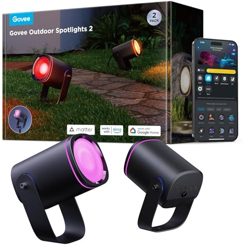 Govee Outdoor LED Strahler, IP67 Wasserdichte Gartenbeleuchtung, RGBWIC Led Strahler Außen, Dimmbar 700lm von 69 Szenenmodi und 16Mio. Farben, Funktioniert mit Alexa, Google Assistant, Matter. 2 Pack