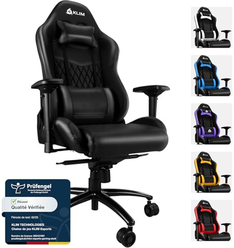 KLIM Esports Gaming Stuhl – PC Stuhl mit 4D-Armlehnen, 170 kg Belastbarkeit, Verstellbare Rückenlehne, Ergonomischer Gaming Sessel mit Kopf- & Lendenkissen, Leise Rollen – Schwarz