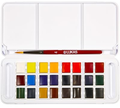 LUKAS Aquarell Studio Aquarellfarbe Reise-Set, 24 x halbe Pfannen in unterschiedlichen Farben, optimal für Einsteiger und Studenten-Aquarellkünstler