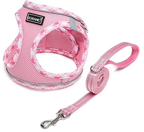 DORAMIO Hundegeschirr Kleine Hunde mit Leine, Step-in Geschirr Reflektierend Atmungsaktiv Brustgeschirr Anti Zug Sicherheitsgeschirr Katzengeschirr für Kleine Hunde, Katzen (Rosa, XXS)