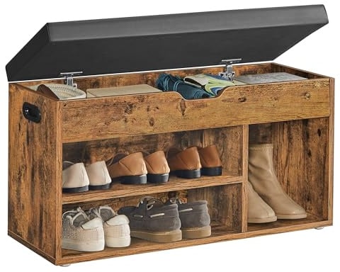 VASAGLE Schuhbank mit Sitzfläche, Sitzbank mit Stauraum, gepolstert, 3 offene Fächer, Fach unter Sitzkissen, Schuhregal für Wohnzimmer, Flur, bis 136 kg belastbar, vintagebraun LHS30BX