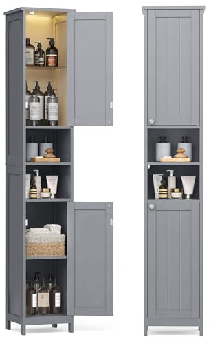 VASAGLE Badezimmerschrank mit Beleuchtung, hoch, schlanker Badschrank, Aufbewahrungsschrank mit verstellbaren Ablagen, für kleine Räume, modern, 30 cm breit, Taubengrau BBC566G03