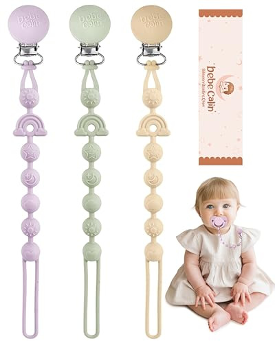 BebeCalin 3er-Pack Schnullerkette Silikon, Schnullerband BPA-frei, Weiche Schnullerkette Mädchen, Flexibles einteiliges Design für Babys, Hält den Schnuller sauber