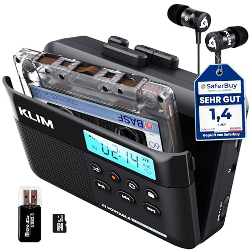 KLIM K7 Kassettenspieler, Kassettenrecorder & MP3 Konverter, Tragbare Kassettenspieler mit integriertem Mikrofon & Lautsprecher, Wiederaufladbar über USB – Inkl. Ohrhörer – 32 GB SD-Karte
