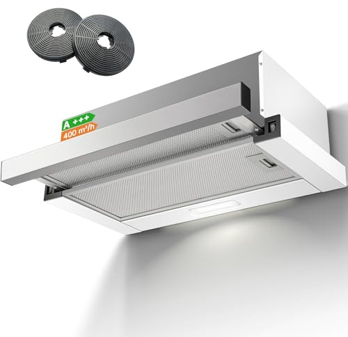 KICHPOWER Dunstabzugshaube 60cm, Flachschirmhaube Abluft/Umluft, 400 m³/h, mit 2 Aktivkohlefiltern, Teleskop 5-Schichten-Aluminiumfilter, LED-Beleuchtung, 2 Geschwindigkeit