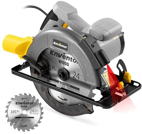 ENVENTOR Kreissäge, 1400W Handkreissäge mit Laserführung, 6000RPM, Max. Schnitttiefe 62mm (90°), 48mm (45°), Sägeblätter(185mm, 24T), Reiner Kupfermotor, Ideal für Holzschnitte Schnurgebunden