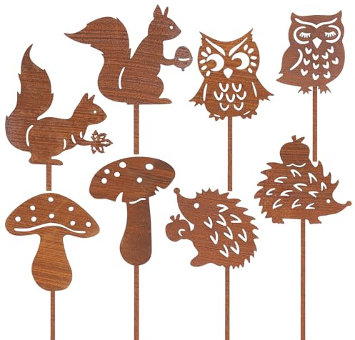 Leikedun 8er Gartenstecker Rostoptik für Herbstdeko Draußen Gartendeko | mit Eule, Igel, Pilze & Eichhörnchen, 25cm Roststecker Metall Beidseitig für Draußen, Terrasse & Blumentopf