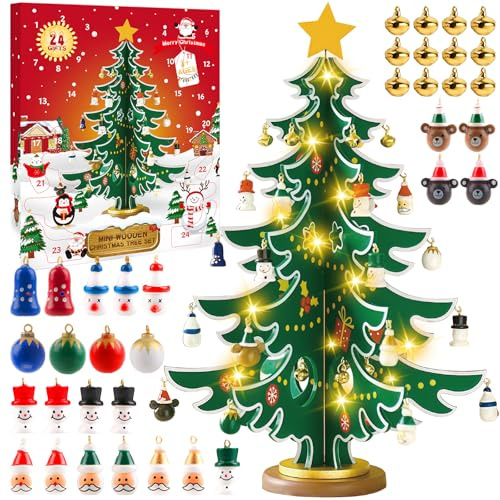 Adventskalender 2025 Weihnachtsbaum aus Holz, mit 3D Hölzerner Weihnachtsbaum & 36 Ornamenten und Lichterkette, Kreativer Adventskalender weihnachtsdeko Anhänger für DIY holzspielzeug Kinder