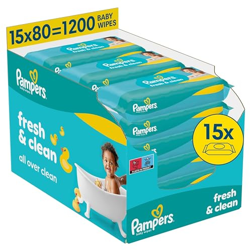 Pampers Fresh Clean Feuchttücher 15 Packungen mit 80 Stück, 1200 Feuchttücher, milder Duft, auch für Hände und Gesicht geeignet