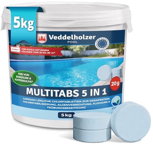 Veddelholzer 5 kg Multitabs 5 in 1 Chlortabletten für Pool als 20g Tabletten für Pools von 10 m³ bis 30 m³Pool Zubehör für Pools langsam lösliche, langzeit Chlor Tabletten