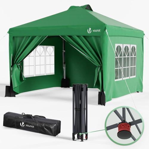 VOUNOT® Pavillon 3x3m Wasserdicht Stabil Winterfest, Pop Up Faltpavillon mit 4 Seitenteilen und 3 Sandsäcke, Faltbar Partyzelt Gartenzelt Gartenpavillon inkl. Tasche, Grün
