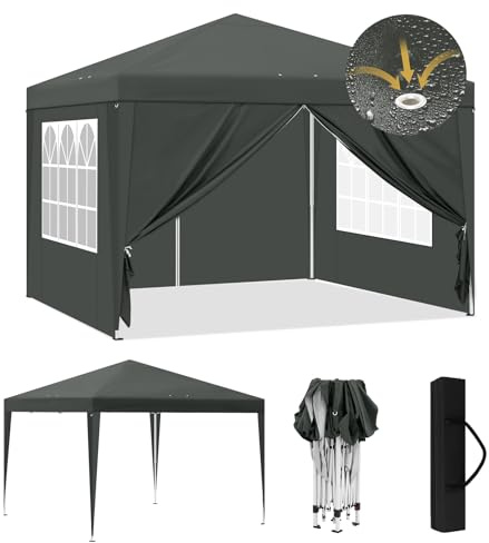 Laneetal Faltpavillon 3x3 Pop up mit Seitenwänden Fenstern Tasche Anthrazit | UPF 50+ UV Schutz, wasserdicht, höhenverstellbar, windstabil, Fensterwände, Strand