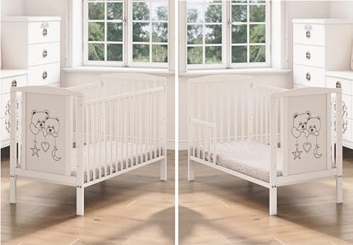 Generisch Babybett mit Matratze 60x120 cm – Gitterbett – Modell Zwei Bären – Weiß – Umbaubar zum Kinderbett – 3-Fach höhenverstellbar – herausnehmbare Sprossen