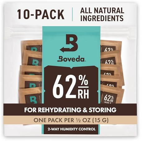 Boveda zur Aufbewahrung von Kräutern | 2-Wege-Feuchtigkeitsregulierung mit 62% relativer Feuchtigkeit | Größe 4 schützt bis zu 15 g Blüten | verhindert den Verlust von Terpenen | 10 Stück