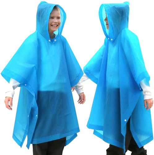 ANYOO Regenponcho Kinder Wasserdichte 2 Stück für Mädchen Jungen, Leichter Regencape Regenschutz PEVA Regenmantel mit Kapuze für Kinder Größe 100-150 cm Camping Wandern Reisen, Blau