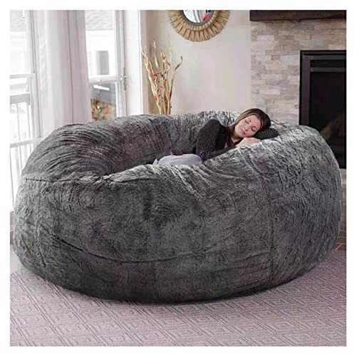 Flyhug Riesiger Pelz-Sitzsack für Wohnzimmermöbel für Erwachsene, großer runder, weicher, Flauschiger Kunstpelz-Sitzsack (Keine Polsterung), fauler Schlafsofabezug(Farbe:Grau,Größe:6ft)