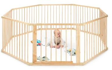 Tavora Laufgitter für Baby & Kleinkind, nachhaltiger Laufstall aus hellem Fichtenholz mit Tür, 8 Elemente je 90x68 cm, solides Absperrgitter schützt beim Krabbeln & Gehversuchen, sicheres Schutzgitter