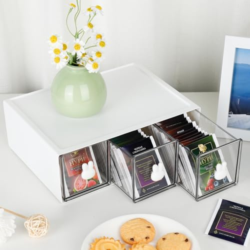 BAIEUEJO Tee Organizer mit 3 Schubladen,Stapelbar Teebox,Transparente Kunststoff Teebeutel Aufbewahrungsbox für Küche/Bad/Büro/Arbeitszimmer(1, white-3drs)