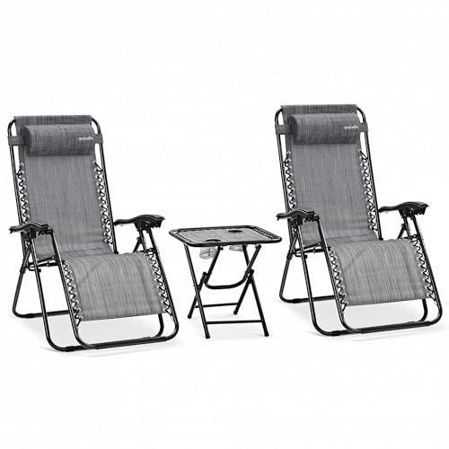 SereneLife Sonnenliege Klappbar 2er Set mit Tisch, Zero Gravity Liegestuhl Garten, bis 120 kg Grau, Verstellbar und Wetterfest, mit Getränkehalter und Kopfkissen, für Balkon Strand Camping