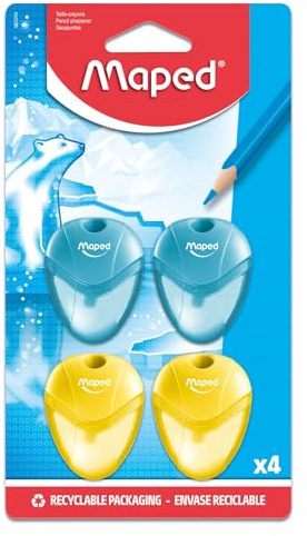 Maped - Set mit 4 Anspitzern von Iglu, 1 Loch mit transparentem Behälter, Schulbedarf für Kinder, ergonomisch und kompakt, 2 blau & 2 gelb
