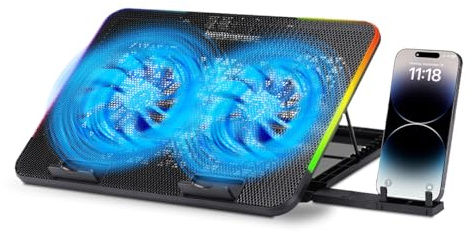 NK Tragbarer Gaming-Kühlschrank, 43,2 cm (17 Zoll), 7 RGB-LED-Modi, 2 leise Lüfter mit einstellbaren Geschwindigkeiten, 5 einstellbare Höhen, USB-Anschluss, Telefonhalterung, schnelle Kühlung