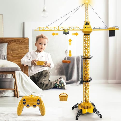 Mini Tudou 128 cm hohe 2,4 Hz Ferngesteuerte Turmkran,6 Kanäle Radio Kontrolle Konstruktion RC Kran Spielzeug 680 Grad Rotation Aufzug Model mit Turm Licht und Geräusche für Kinder Junge