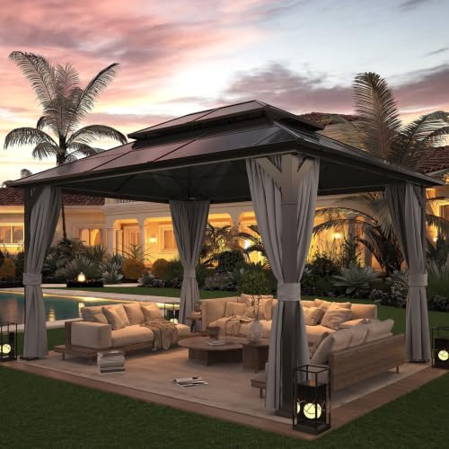 Amopatio Gartenpavillon 3x4 m Wasserdicht Stabil Winterfest, Pavillon mit Polycarbonat - Doppeldach, Hardtop Pavillon mit Seitenteile für Garten, Terrassen (Grau)