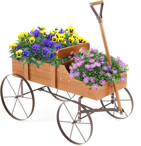 FANTASK Blumenständer Holzwagen, Pflanzwagen Blumenwagen mit Rädern aus Metall 62x34x60cm (Orange)