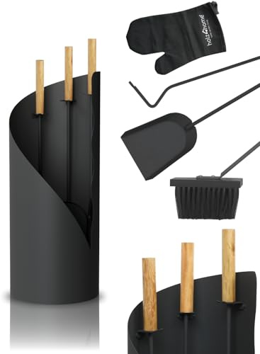 holz4home® Kaminbesteck 5-tlg. Grauschwarz mit Holzgriff inkl. Ofenhandschuh I Kaminset Kamingarnitur Anthrazit Ofenbesteck Schürhaken Besen Ascheschaufel