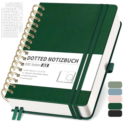 RETTACY Notizbuch A5 kariert, Bullet Journal mit 100 g/m² Dickem Papier, 150 Blatt, Collegeblock für Büro und Schule, Lederhülle, Dunkelgrün, 14.8 cm x 21 cm